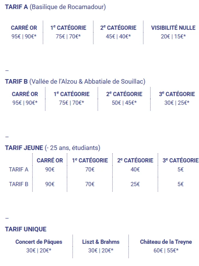 Festival Rocamadour Tarifs 2025